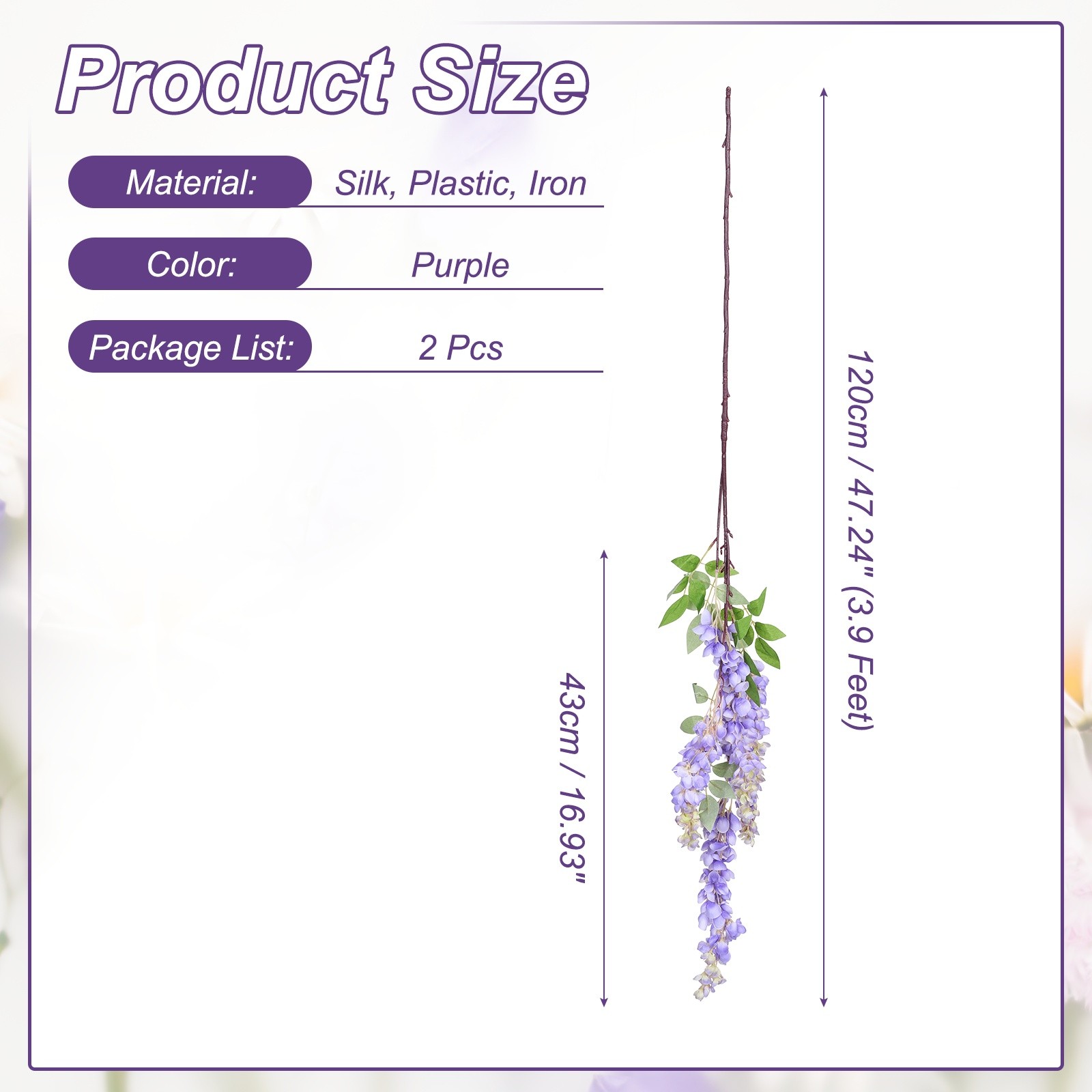 2 Pcs Artificial Wisteria Hanging Flowers 3.9 ft Fake Hanging Floral Purple