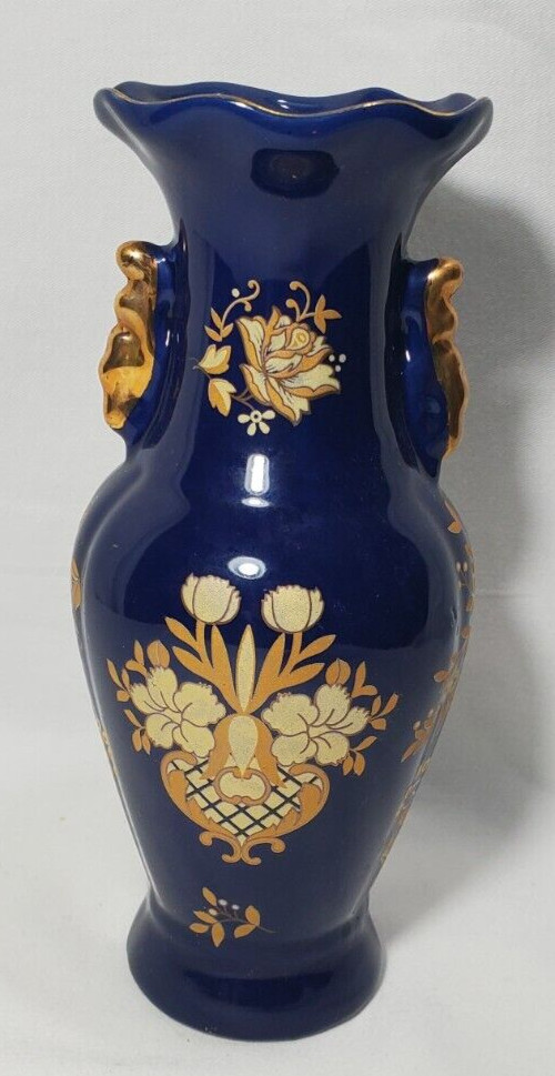 Hand-painted Dark Blue With Gold Floral Porcelain Vase 8″H