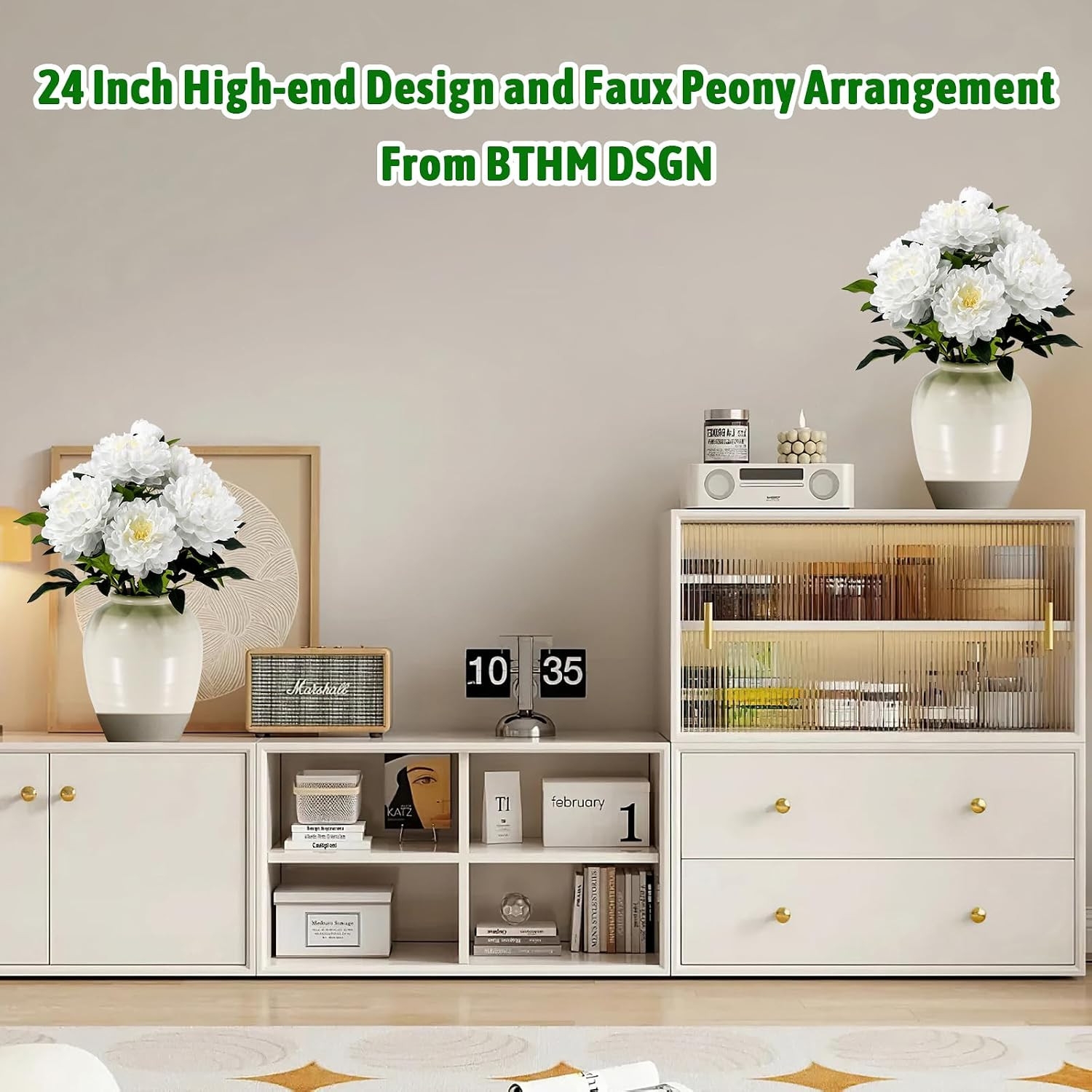 24″ Real Touch White Peony in Vase – Elegant Faux Flower Arrangement Decor