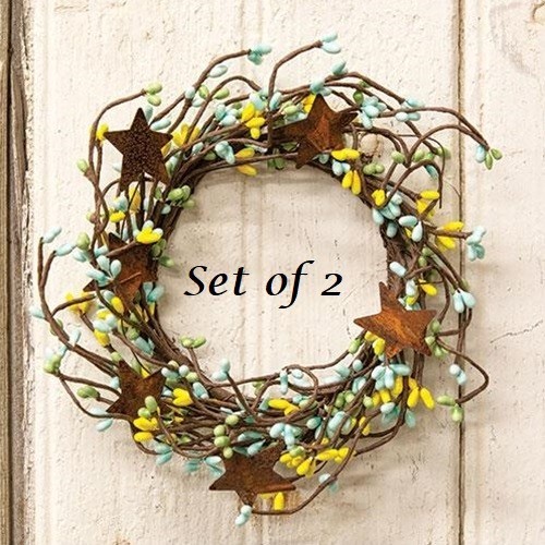 NEW PRIMITIVE Berry Wreath Candle Rings 2pcs YELLOW GREEN BLUE Rust Stars 4″Pips