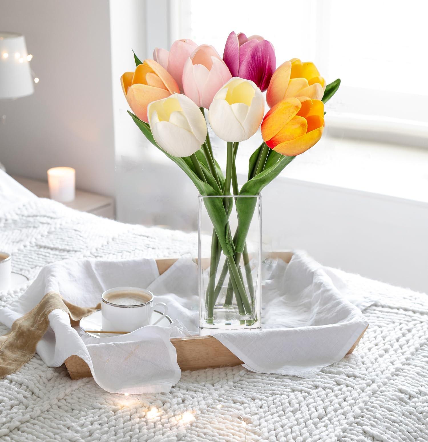 Artificial Tulip Fake Flower In Clear Vase Multi Color Real Touch Arrangement