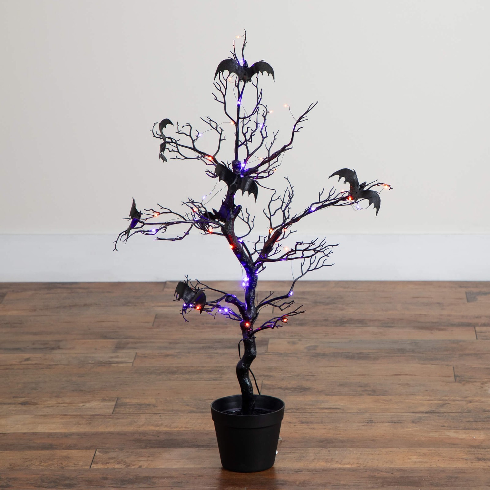 Nearly Natural 3ft Pre-Lit Halloween Black Spooky Twig Tree w/ Bats & 100 LED