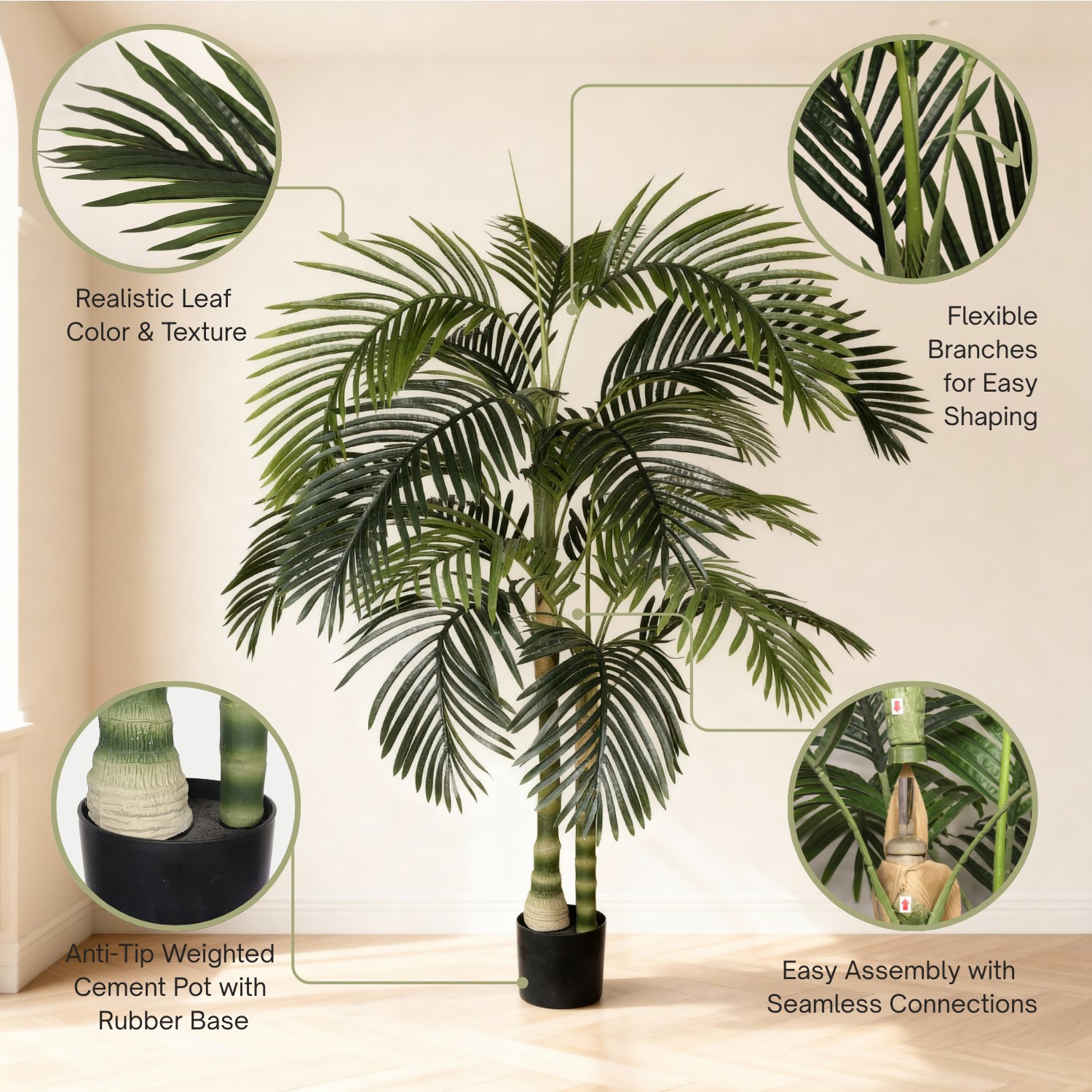 5/6FT Artificial Golden Cane Palm Tree w/ Black Plastic Pot for Office Home