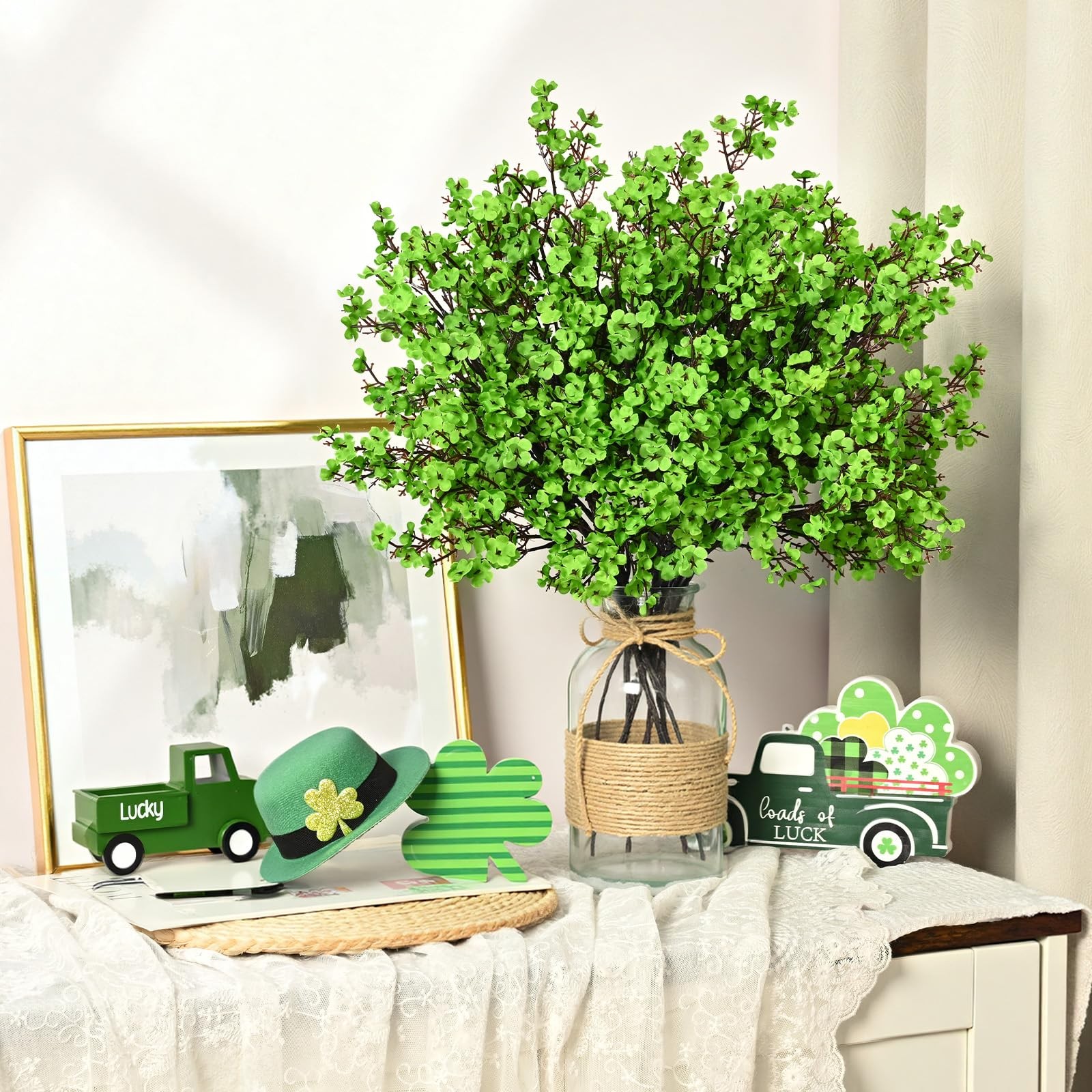 6 Pcs Green Babys Breath Fake Flowers Silk Artificial Stems for Decor