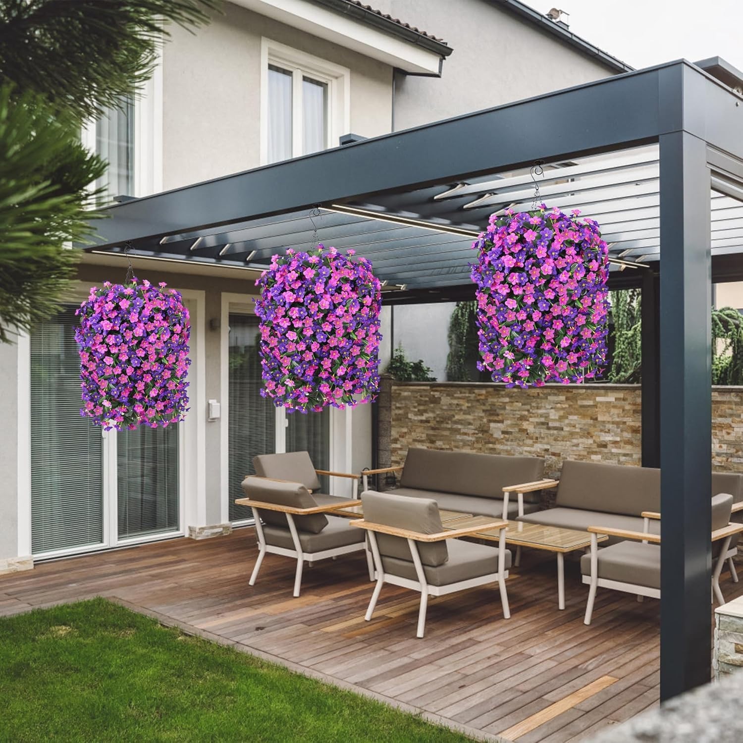 UV Resistant Artificial Hanging Flowers in Elegant Basket – -round Decor