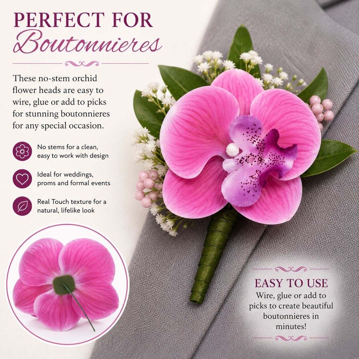 Pink Real Touch Orchid Flower Heads, Set of 2 Faux Orchids, 3.5 Inch No Stem Flo