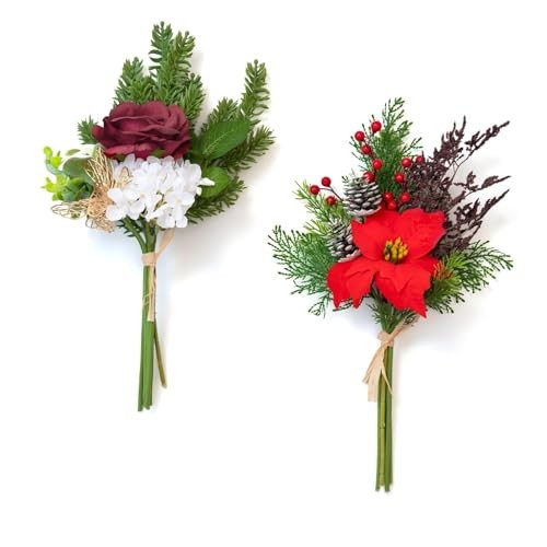 11 Pcs Artificial Flowers Bouquet with Pine Branches, 14″ Red Poinsettias