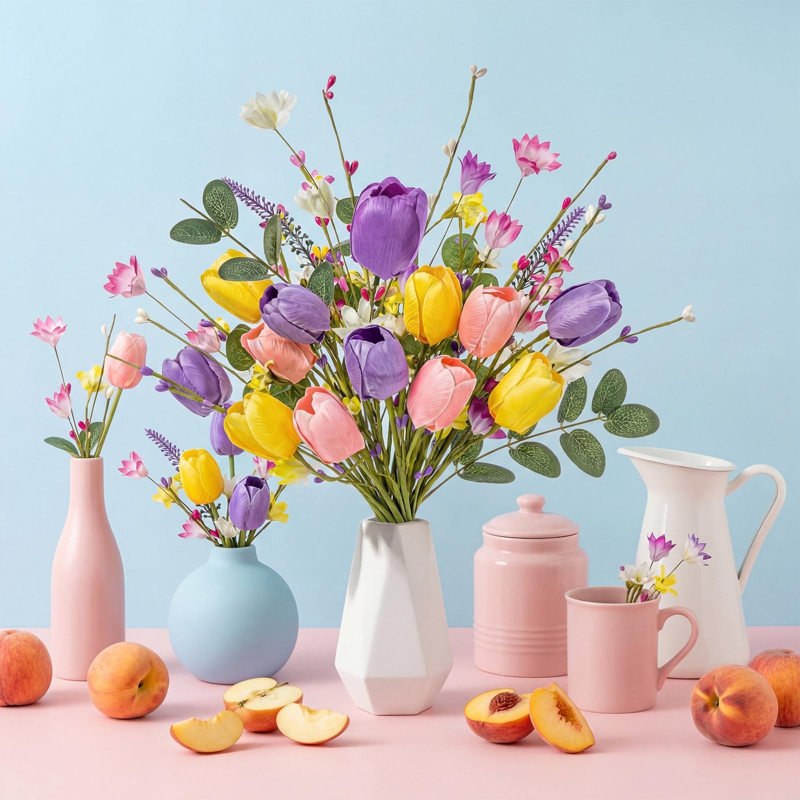 Artificial Spring Flowers 18 Bundles Artificial Pastel Faux Tulips Spring Fak…