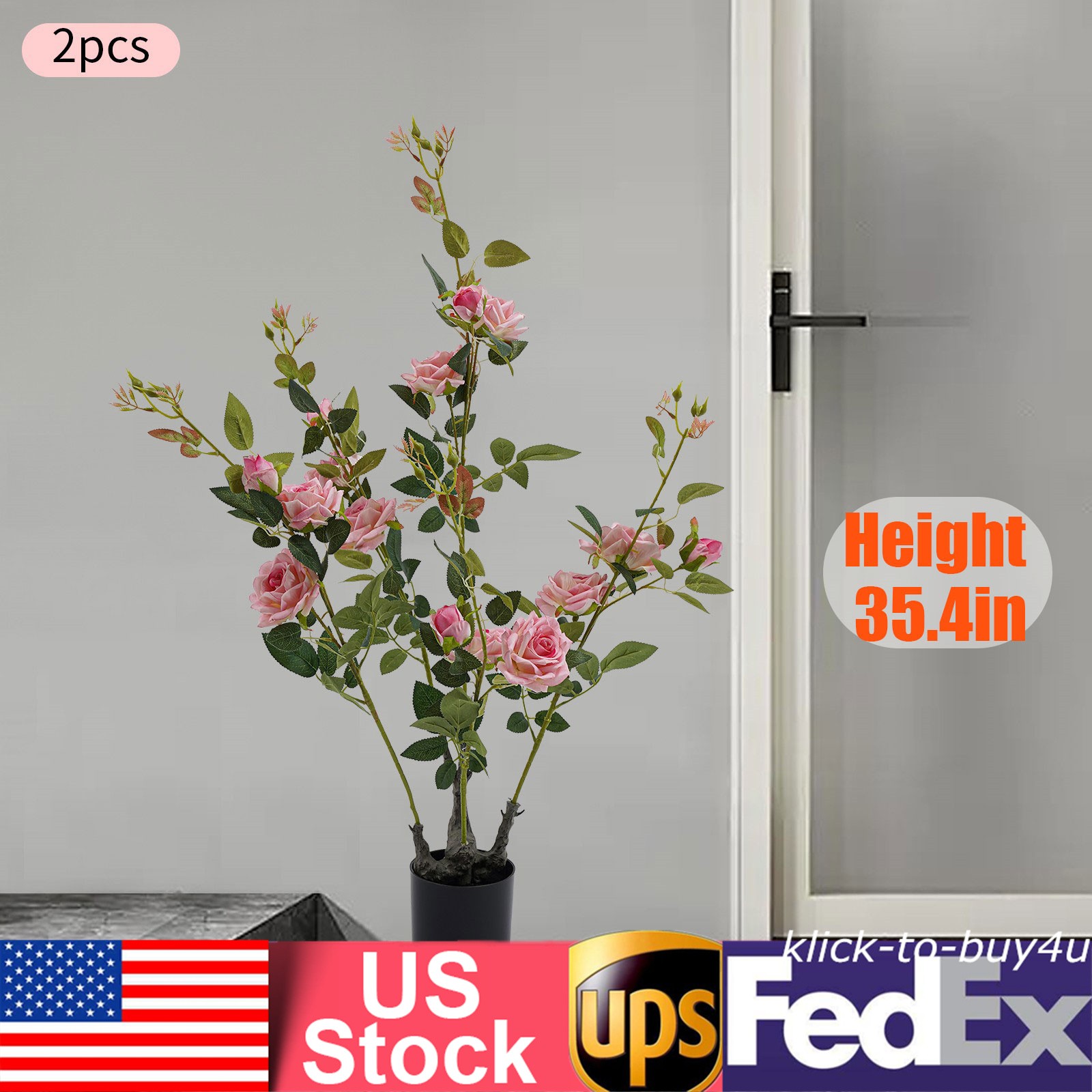 2pcs Artificial Rose Trees Fake Flowers Tree, Pink Artificial Flower Plant Decor