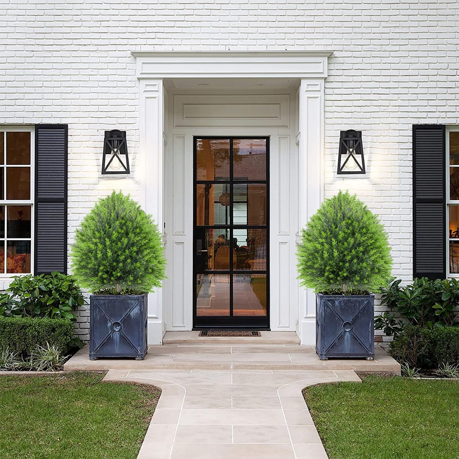 25.6″ Artificial Cedar Topiary Plants: Set of 2 Fake Cypress Bushes with Spik…