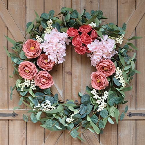 20 inches Artificial Pink Peony Wreath for Front Door Wreath with Hydrangea