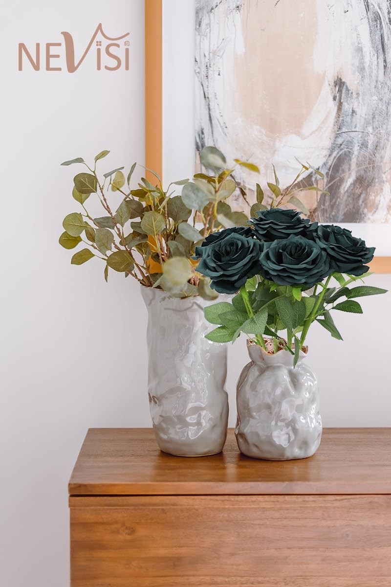 12 Emerald Green Artificial Silk Roses – Realistic Fake Flowers for DIY Wedding