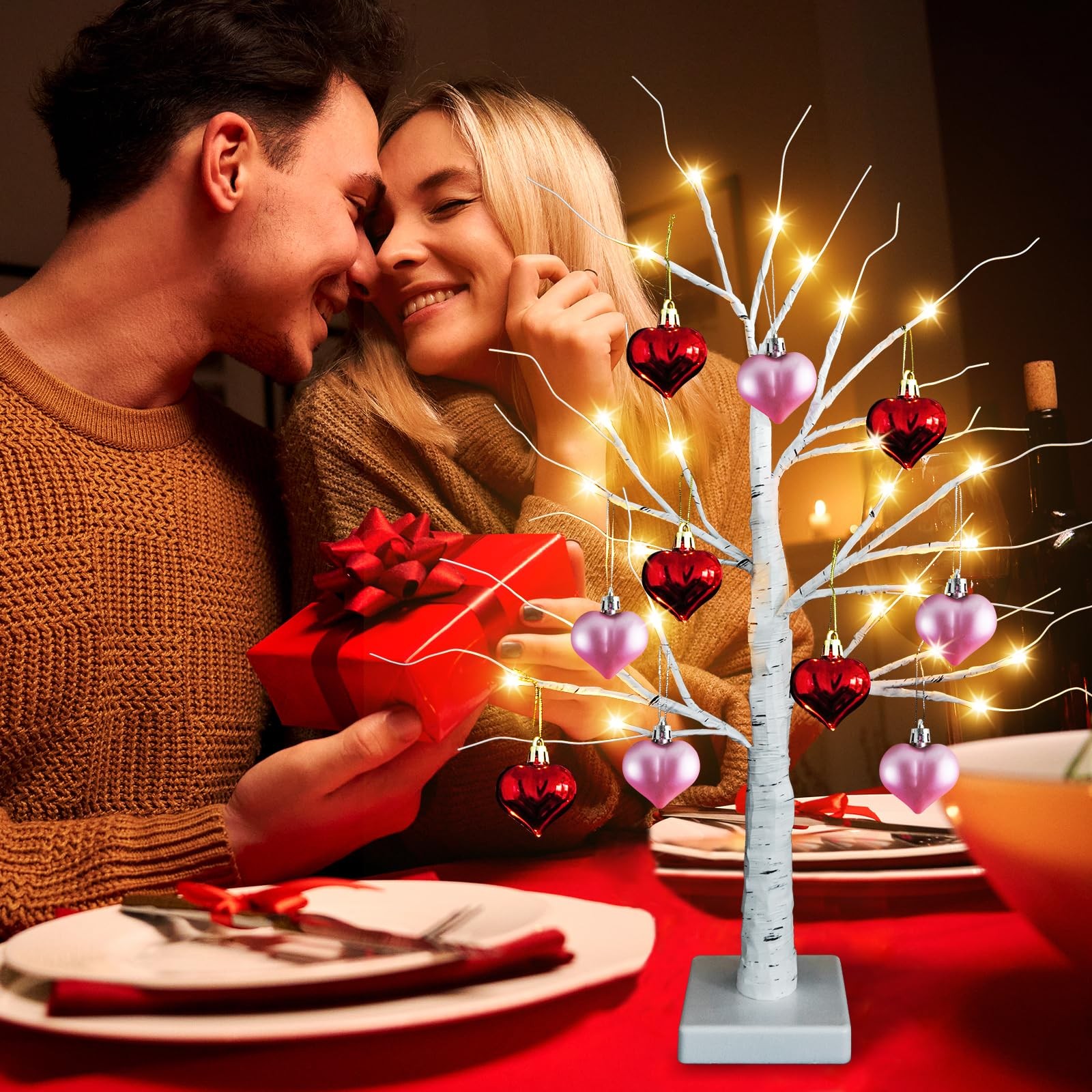 2 PCS 24 Inch Lighted Birch Tree 10 Heart Ornaments 24 LED Tabletop Decor Lamp
