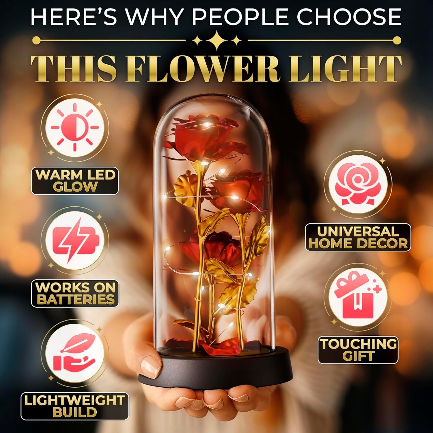 Glass Rose – LED Rose in Glass Dome Flower Lights, Romantic Flowers Roses.