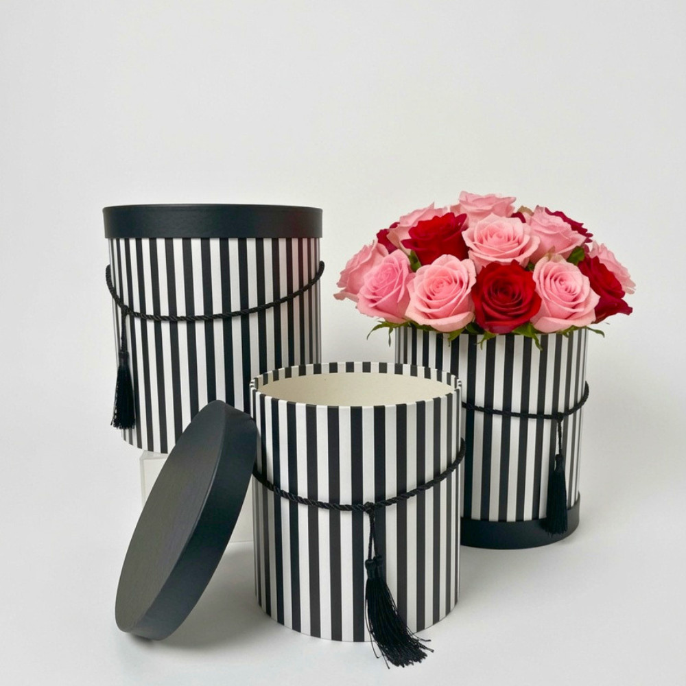 Premium Quality Round Flower Box, Floral Gift Box, Set of 3 pcs, with Stripes
