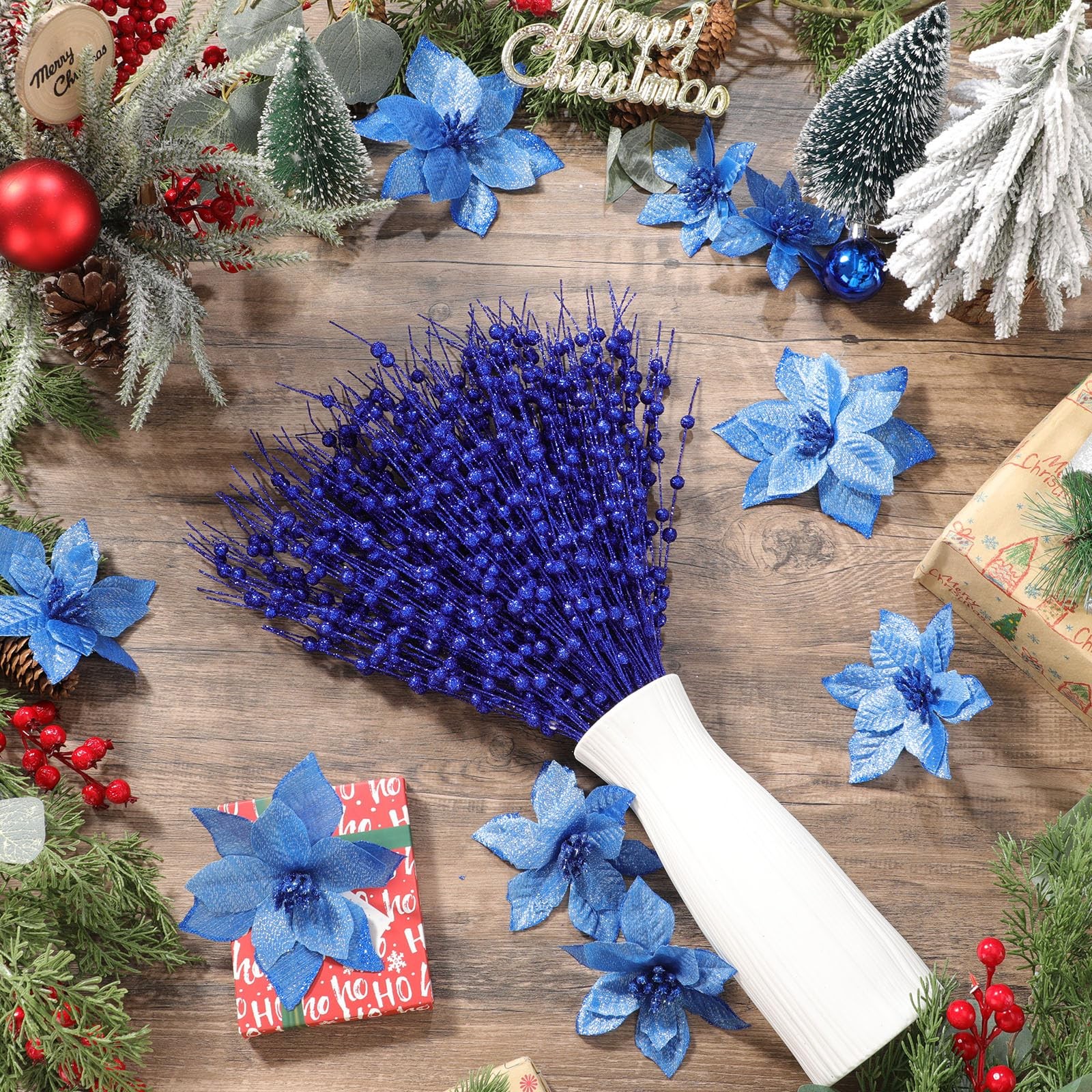 32 Pcs Christmas Tree Poinsettia Flowers and Berry Stems, 16 Pcs 3 Sizes Arti…
