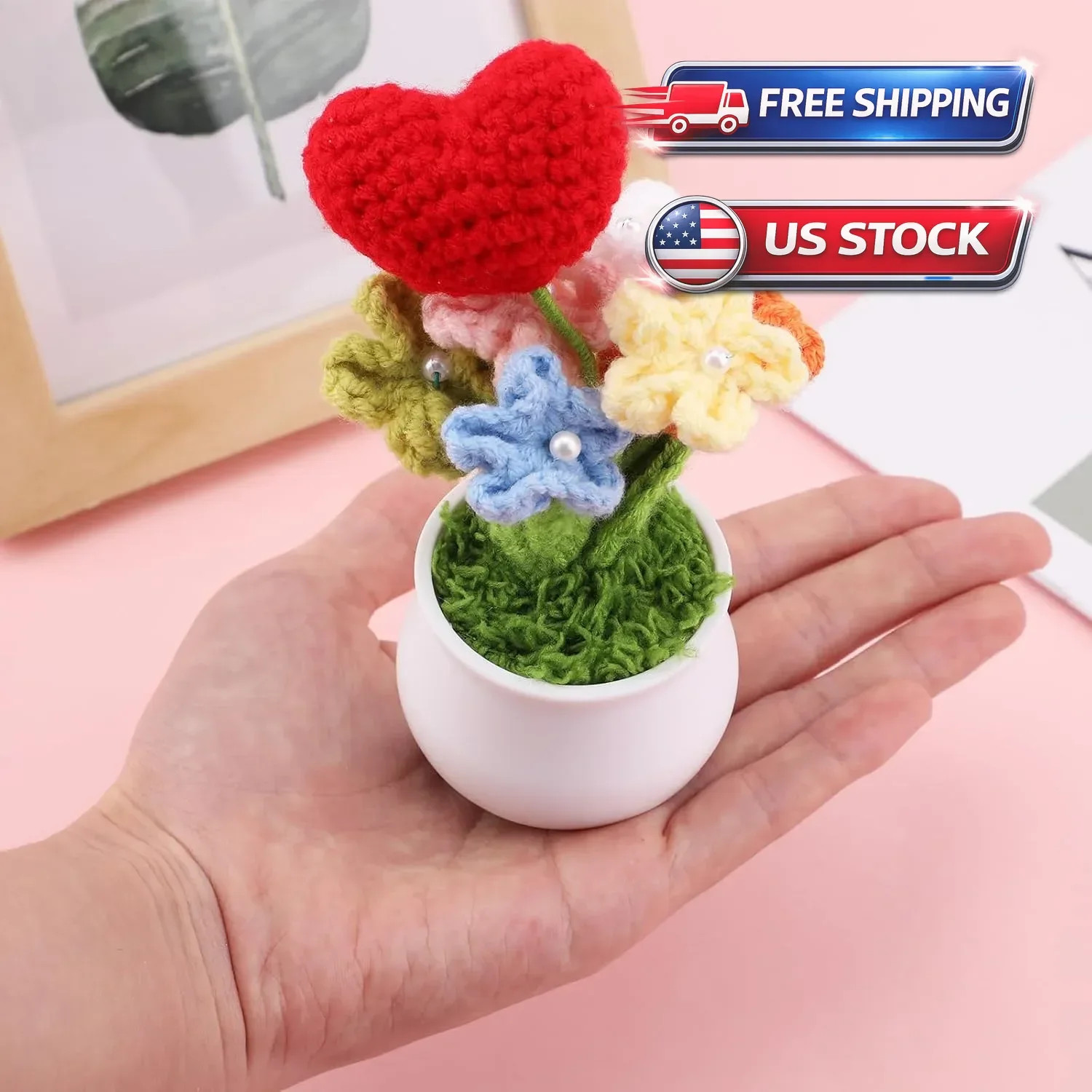 Crochet Flowers Red Roses Mini Potted, Handmade Red Rose Anniversary Appreciatio