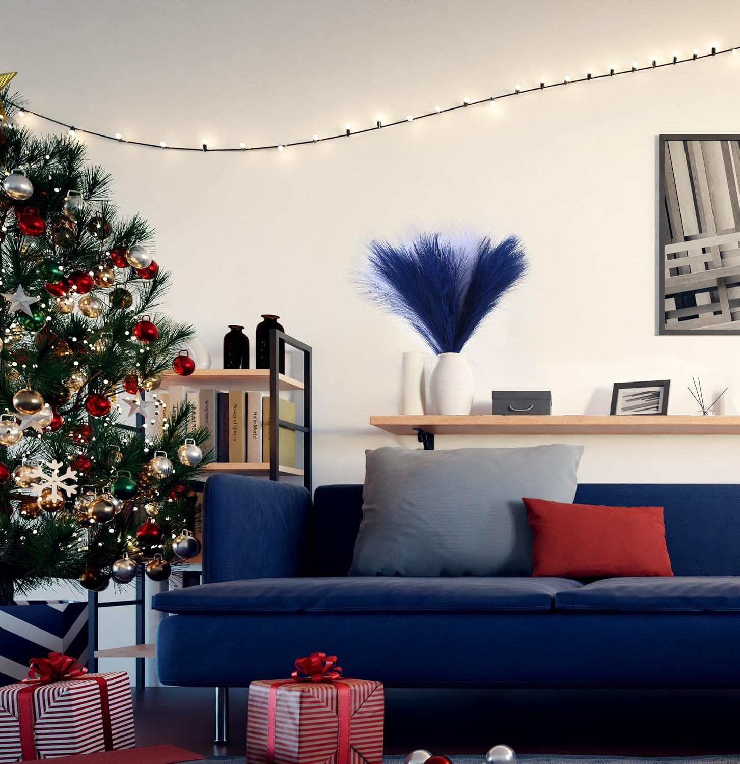 Blue Pampas Grass Decor 17.7 Inch 6 Pcs, Faux Pampas Grass White for Living Room