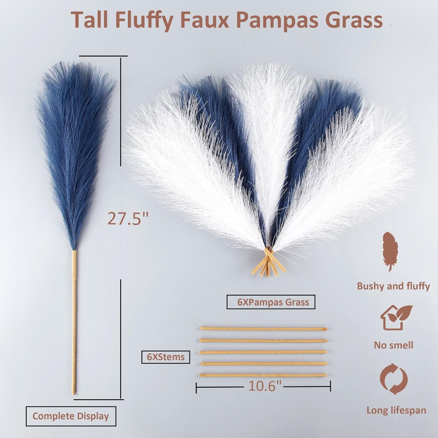 Faux Pampas Grass Large Fluffy 27.6Inch Tall, 6Pcs Navy Blue and White