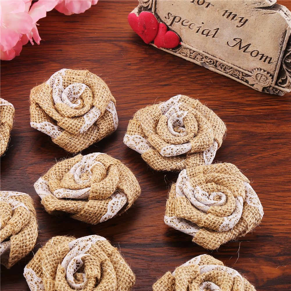 12 PCS Burlap Rose Flowers Wedding Decoration DIY Craft Floral Appliques