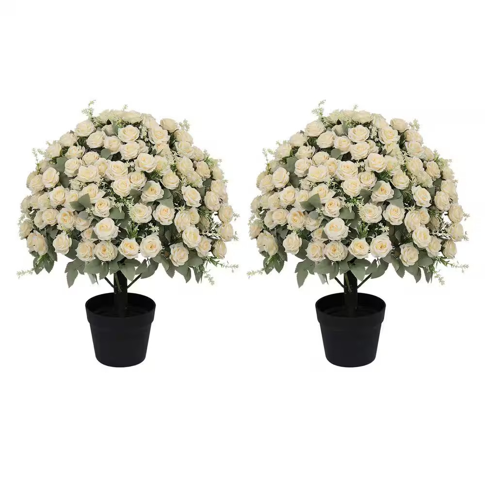 24 in Artificial White Rose Decoration Lifelike Faux Floral Plants 2 Pots