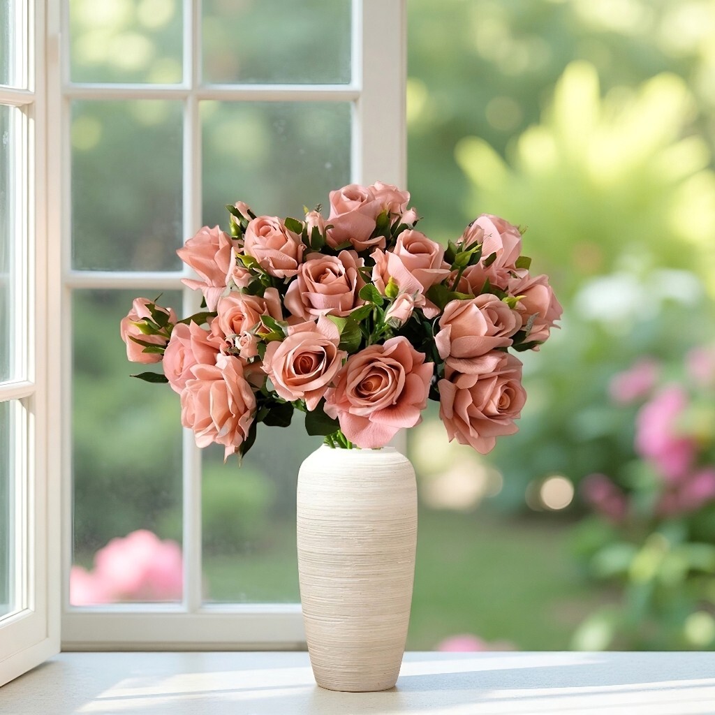 10pcs Artificial 3-Head Dark pink rose Each Stem Features 2Full Blooms and 1bud