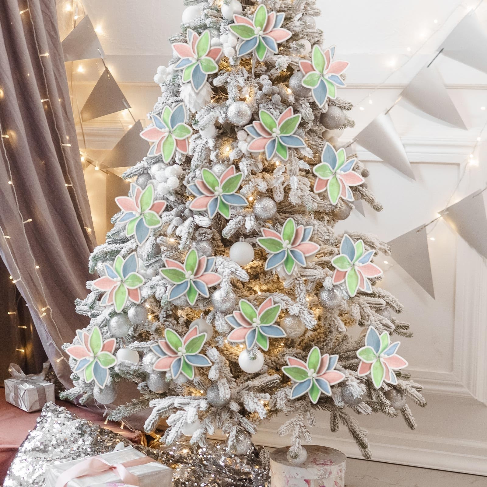 12 Pcs 12” Pastel Christmas Decor Candyland Christmas Poinsettia Tree Decora…