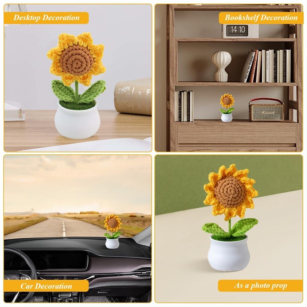 Desk Decor Small Sunflower Flower Pot Handmade Crochet, Book Shelf, Table Top