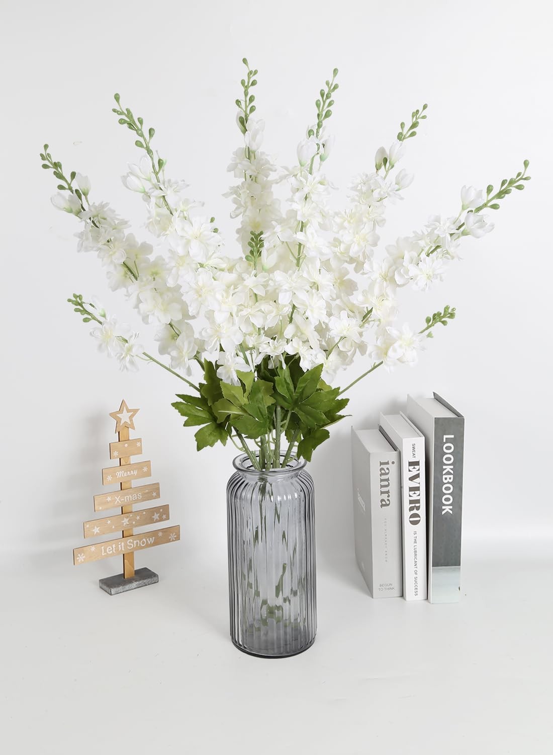 6PCS White Artificial Delphinium Flowers 33″ Long Stems White Flowers Larkspu…