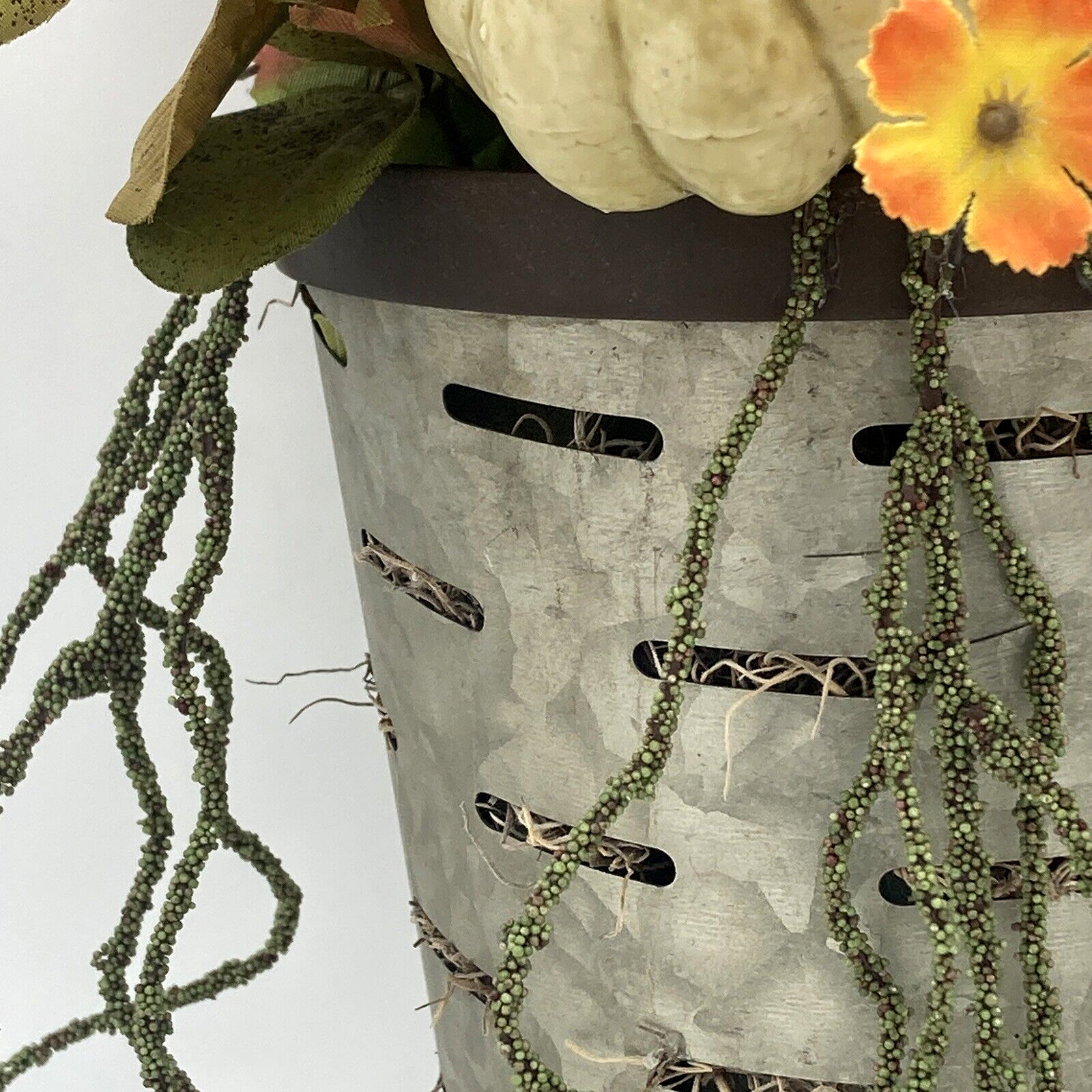 Artificial Flower Arrangement In Metal Wall Pocket Lotus Pod White Pumpkin