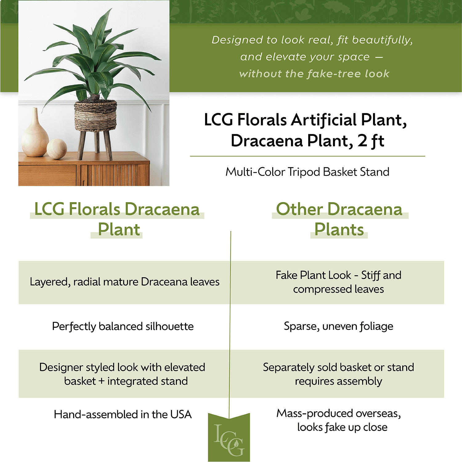 Florals Artificial Plant, Dracaena Plant, 2 ft, Multi-Color Tripod Basket Stand