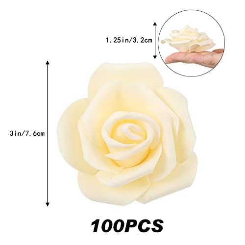 Artificial Rose Flower Heads, 100 Pcs Real Looking Creamy Yellow Foam Fake Ro…