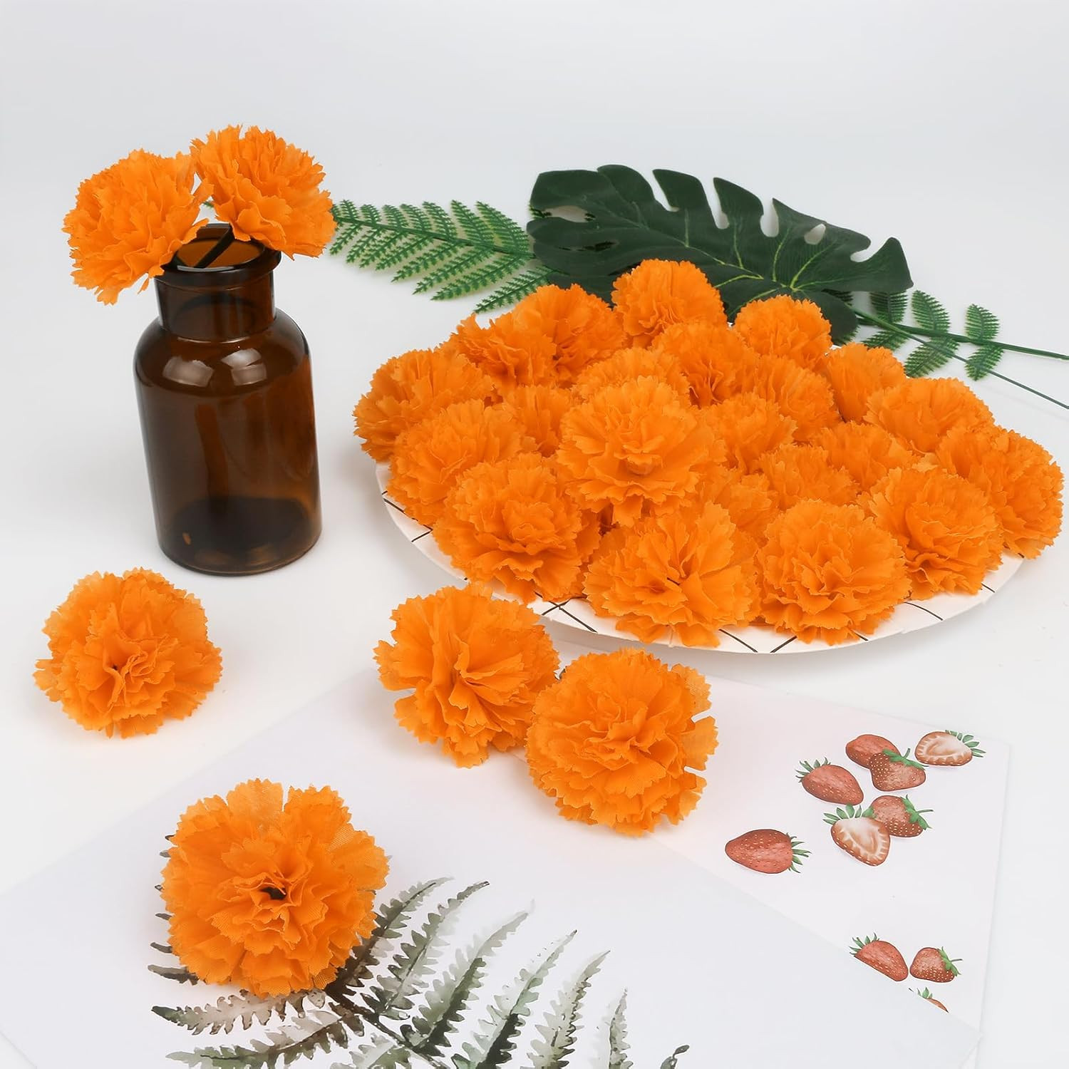 30 Pcs Artificial Marigold Flowers,2″ Silk Marigold Flower Heads with Stems,Oran