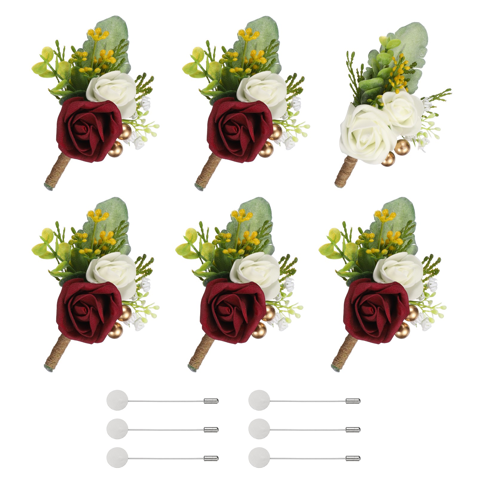 Mens Boutonnieres for Weddings, 6 Pcs Rose Boutonnieres, Purple Red/White