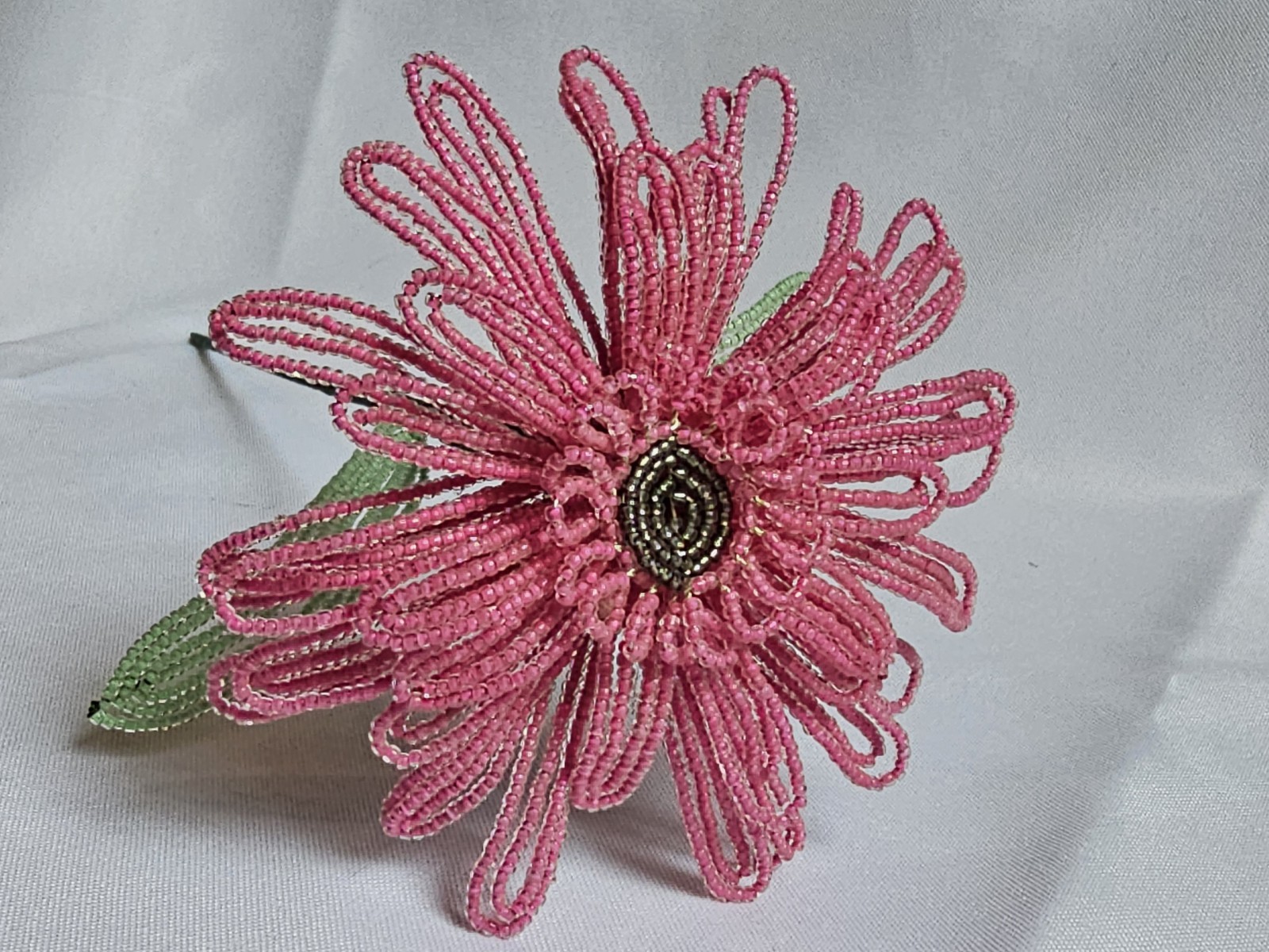 Pink French Beaded Gerbera Daisy – Handmade Heirloom Floral Decor Gift Idea
