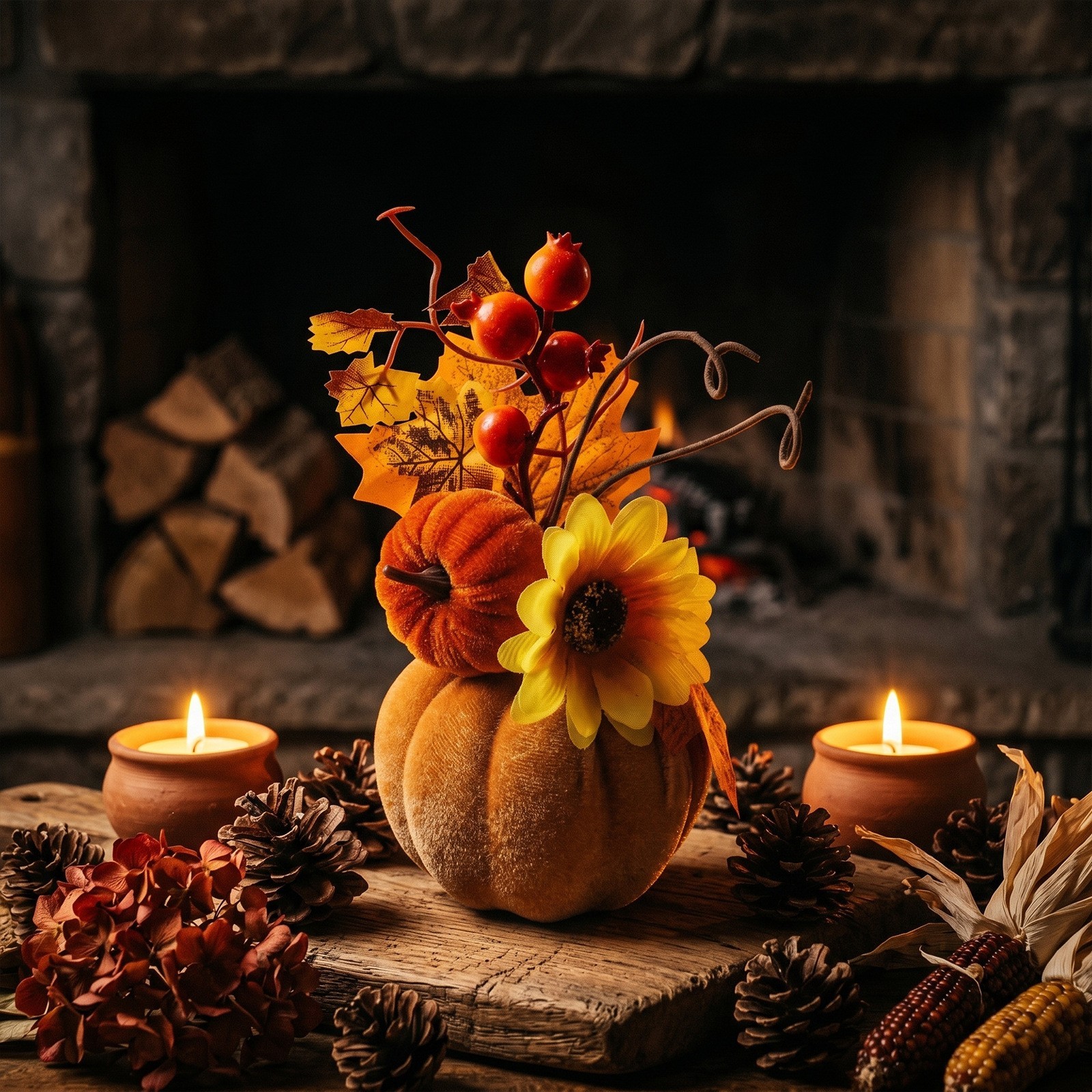 7.87in Autumn Flocked Pumpkin Decor with Sunflowers and Plastic Berries
