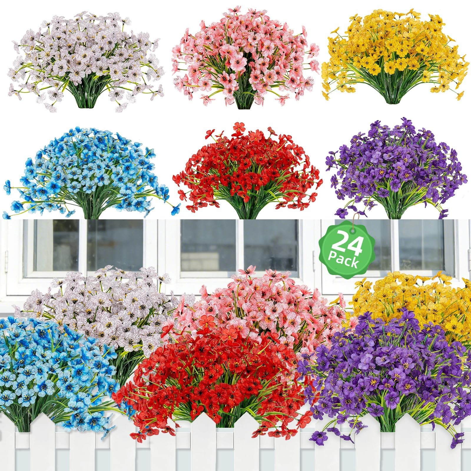 24 Bundles Artificial Flowers UV Resistant, Fake Silk Flowers Bulk for Outdoo…