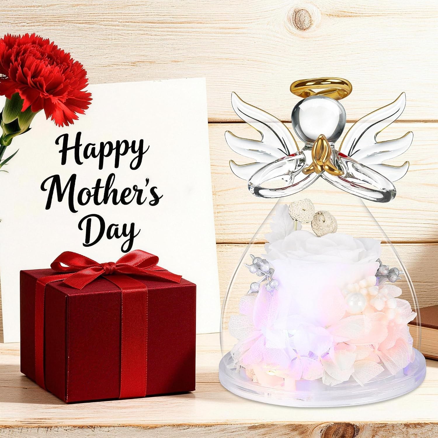 Elegant Light-Up Preserved Rose in Glass Angel Figurines – Perfect Gift for Her