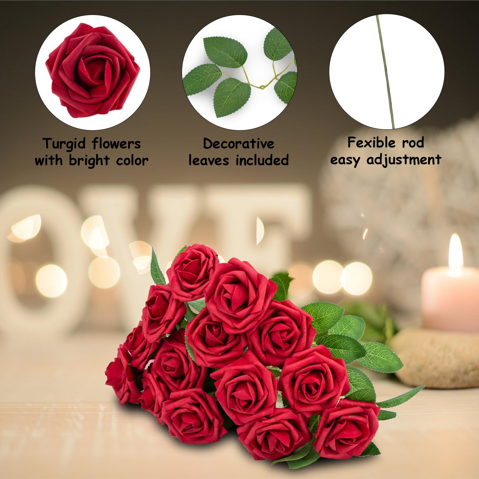 Artificial Flowers Dark Red Rose Fake Foam Roses with Stem for Wedding Bouquets