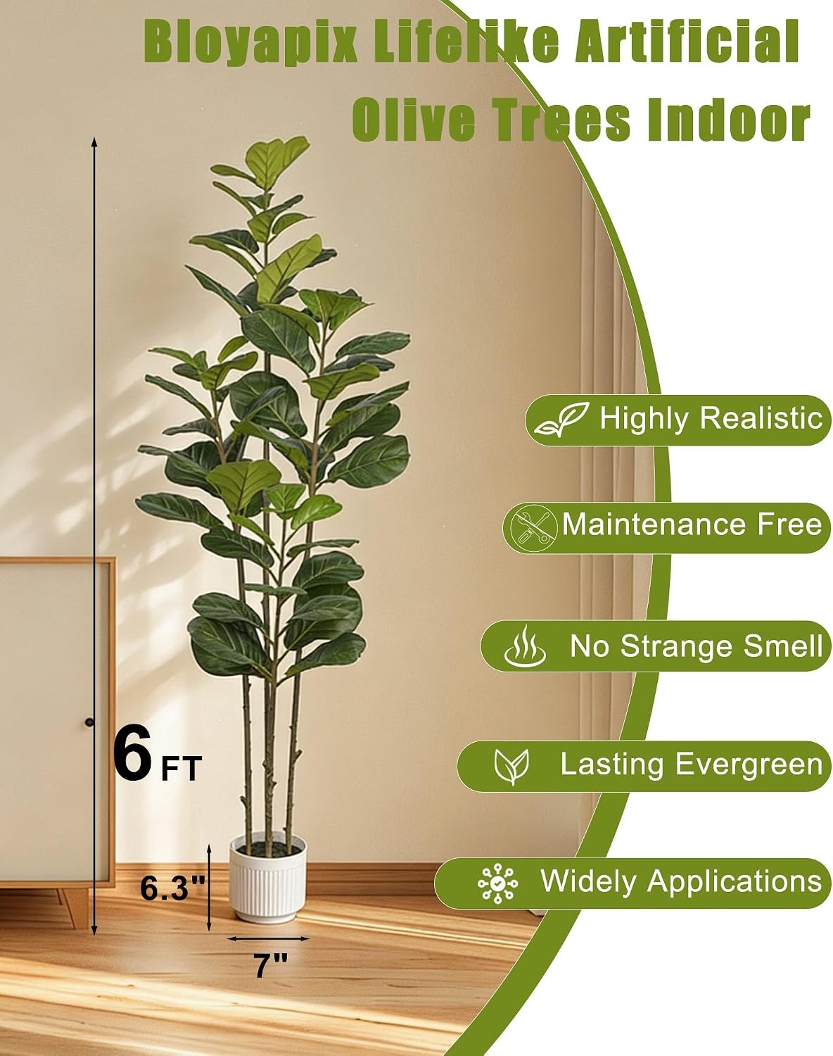 6FT Artificial Fiddle Leaf Fig Tree Faux Ficus Plant with White Planter & Moss