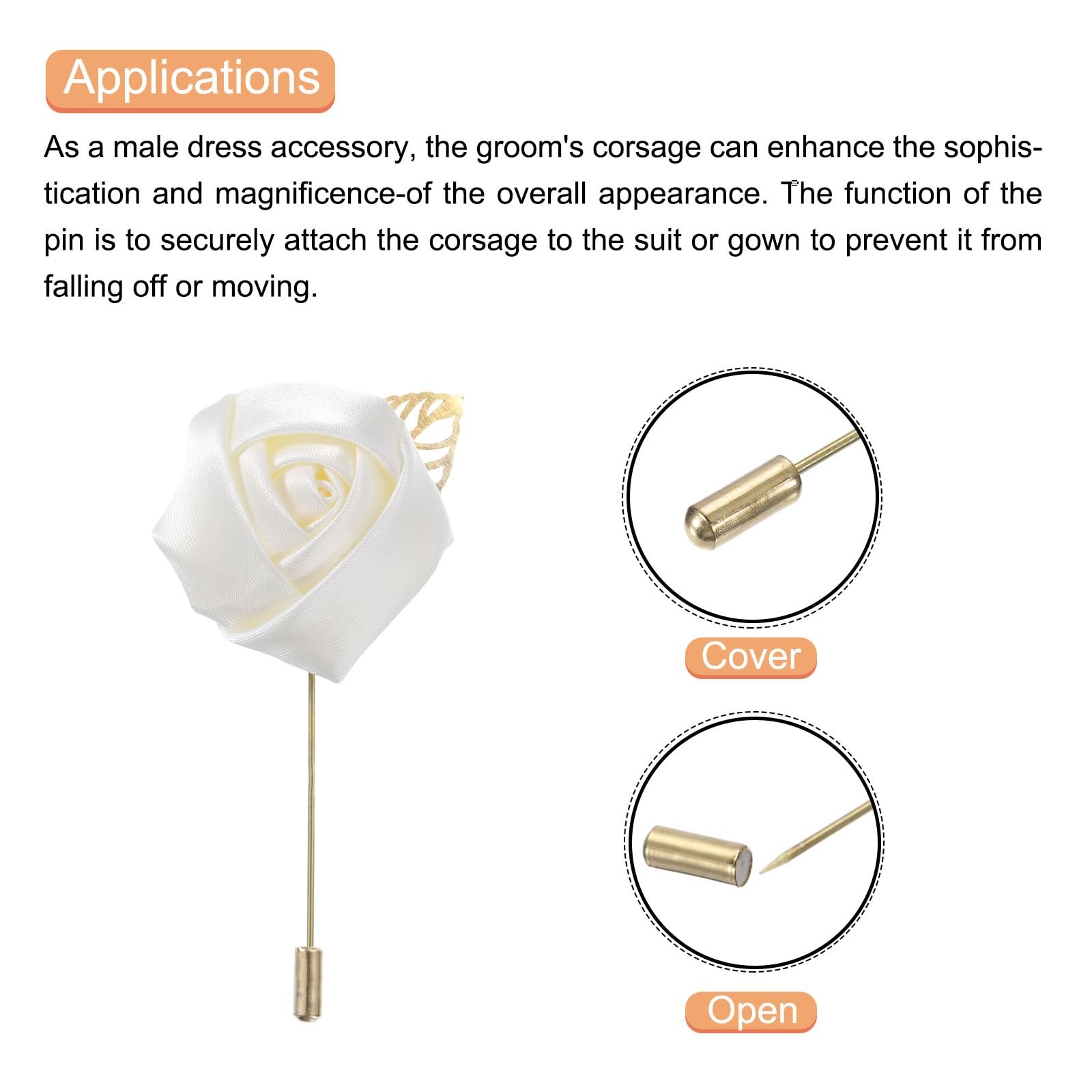 10 PCS Milky White Rose Groom Boutonnieres Pins 2×3.5 Inch Men Wedding Suit