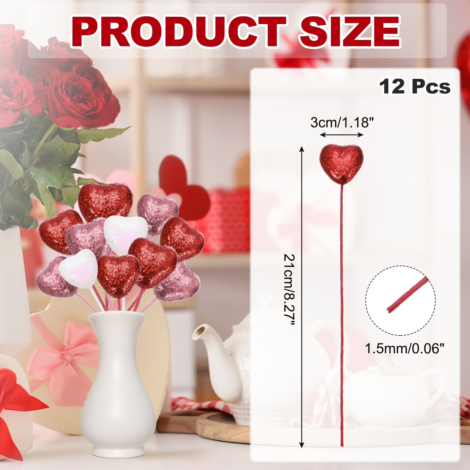 12 Pcs Glitter Heart Shaped Picks Puffy Foam Hearts Stick (Red, 3cm x 21cm)
