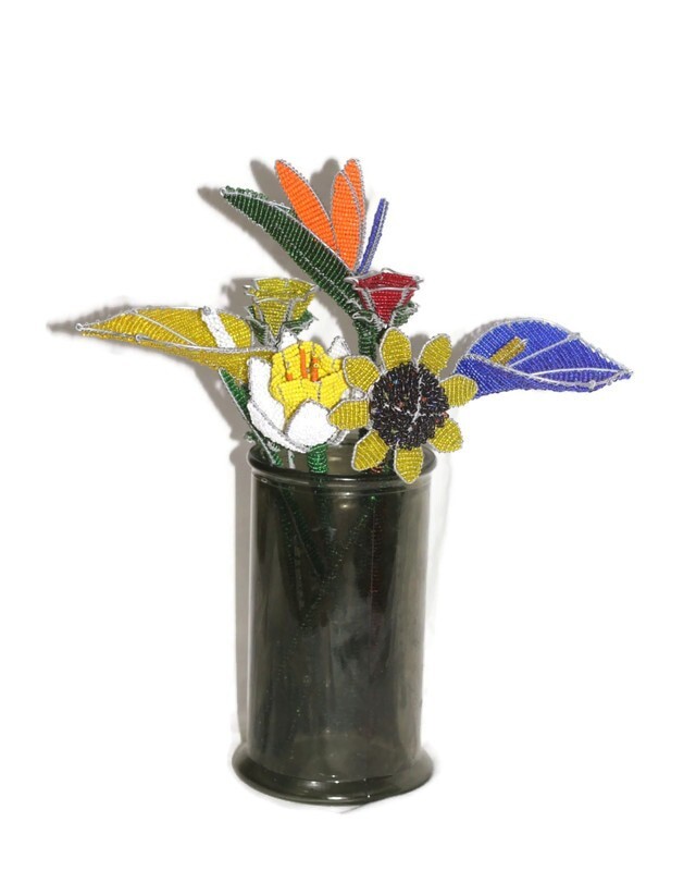 7 Beaded Flowers by Job Guwhe. Roses, Lillies, Sunflower, Daffodil, Strelitzia