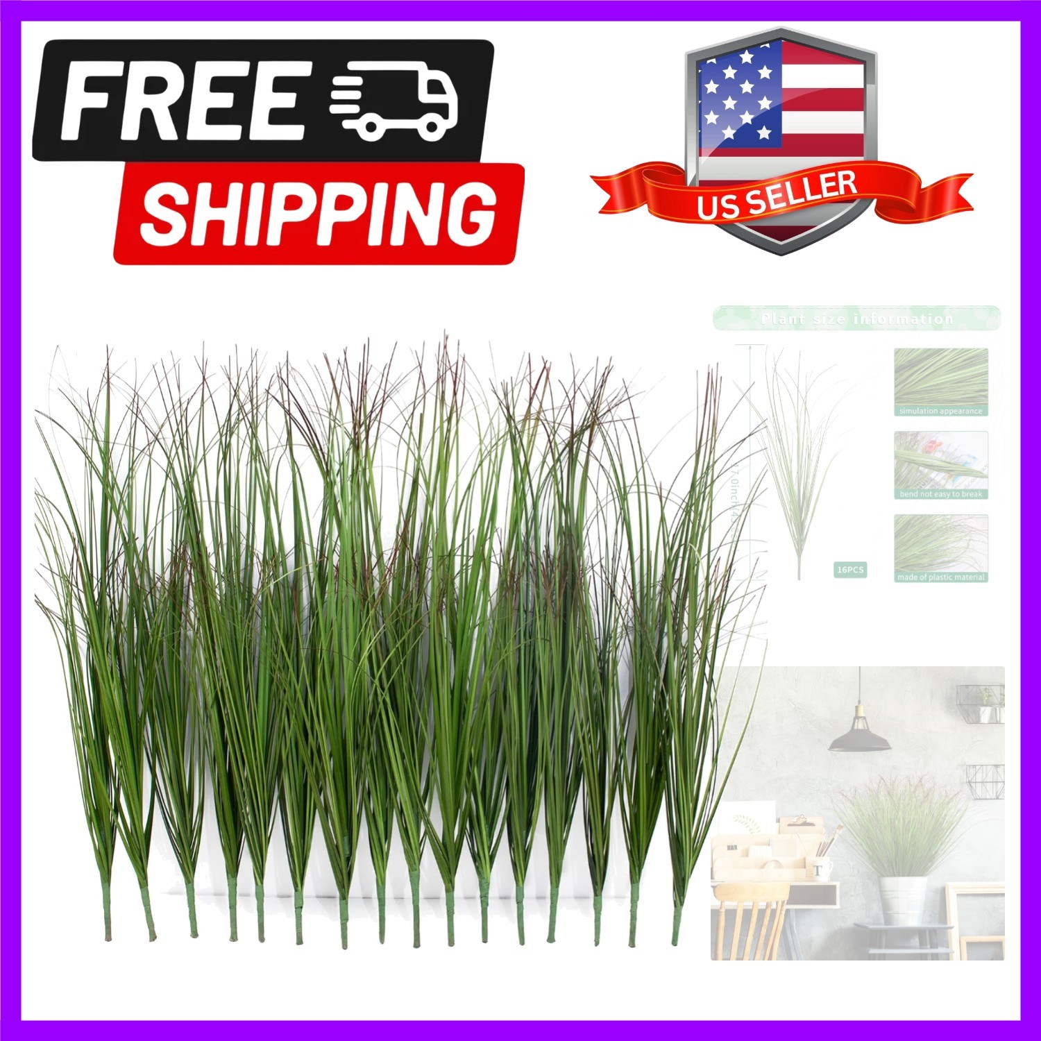 16 Bundles of Lifelike UV-Resistant Artificial Grass for Indoor/Outdoor Décor