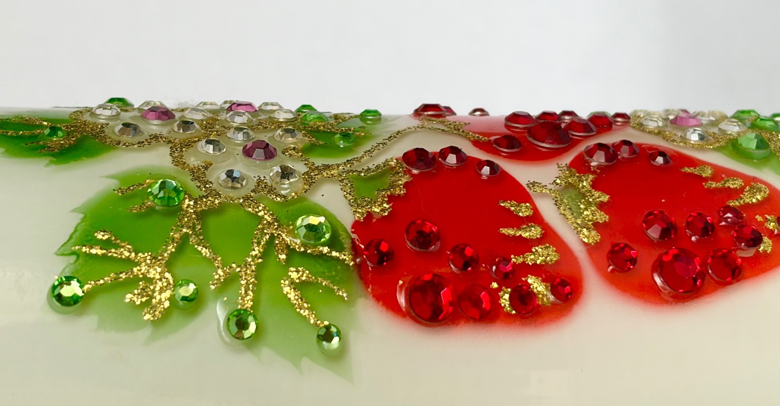 Vintage Candle Holder Glass Red Strawberry Leaf Applied Jewel Rhinestones 9”