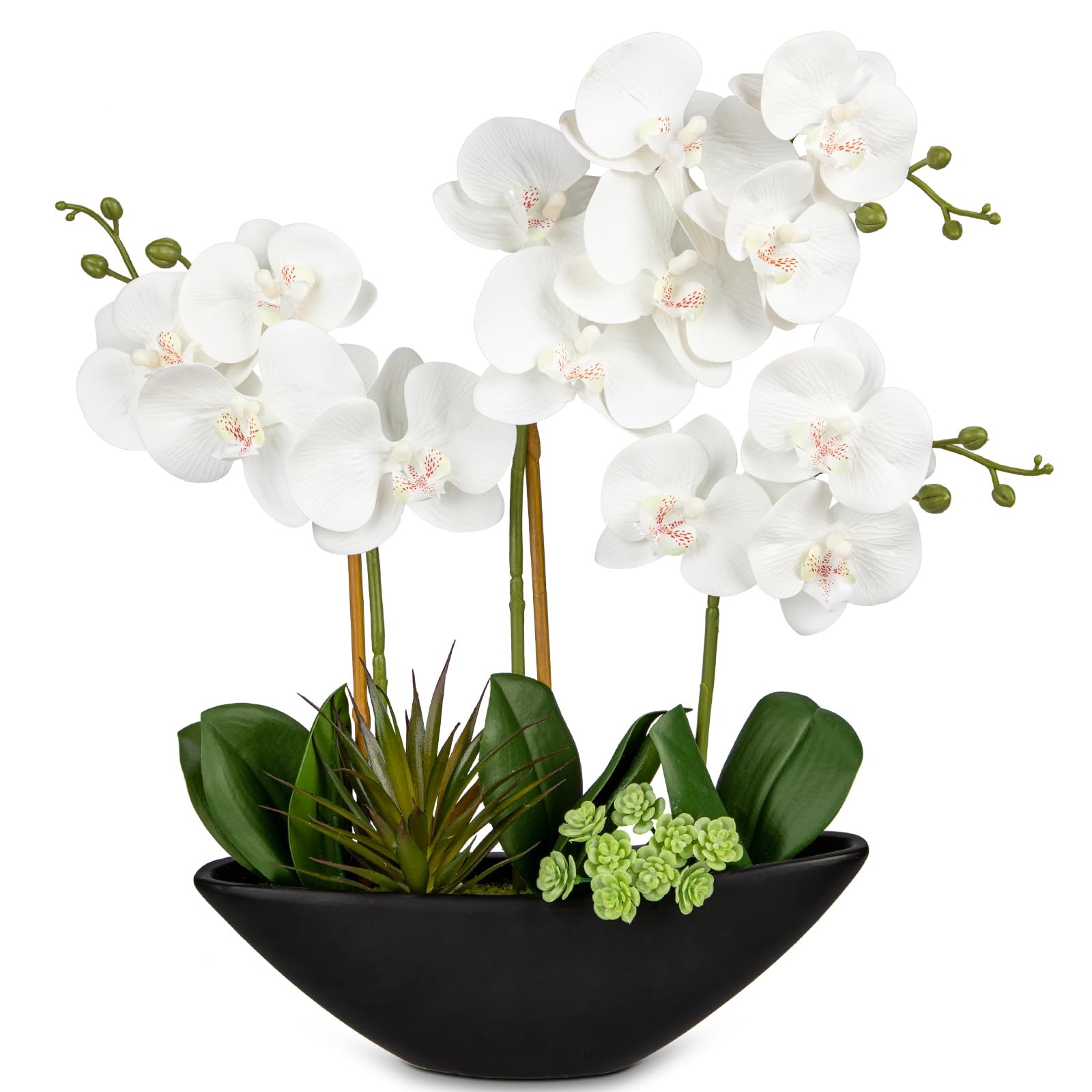 Orchid Fake Flowers 17in White Artificial Orchid Silk Flowers in Black Pot Fa…