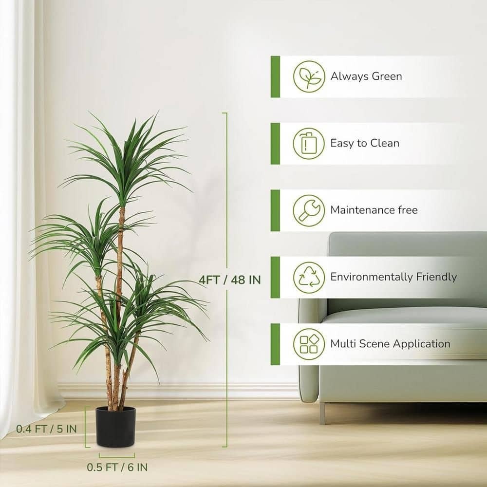 Artificial Dracaena Tree 4 ft. Realistic Fake Adjustable Branches Lifelike Faux