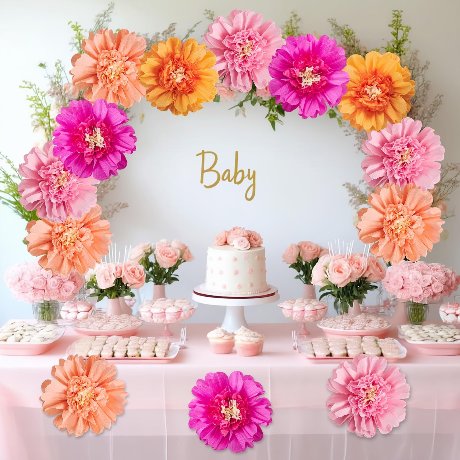12 PCS 12 Inch Pink Orange Tissue Crepe Paper Flowers Wall Backdrop Party Decor