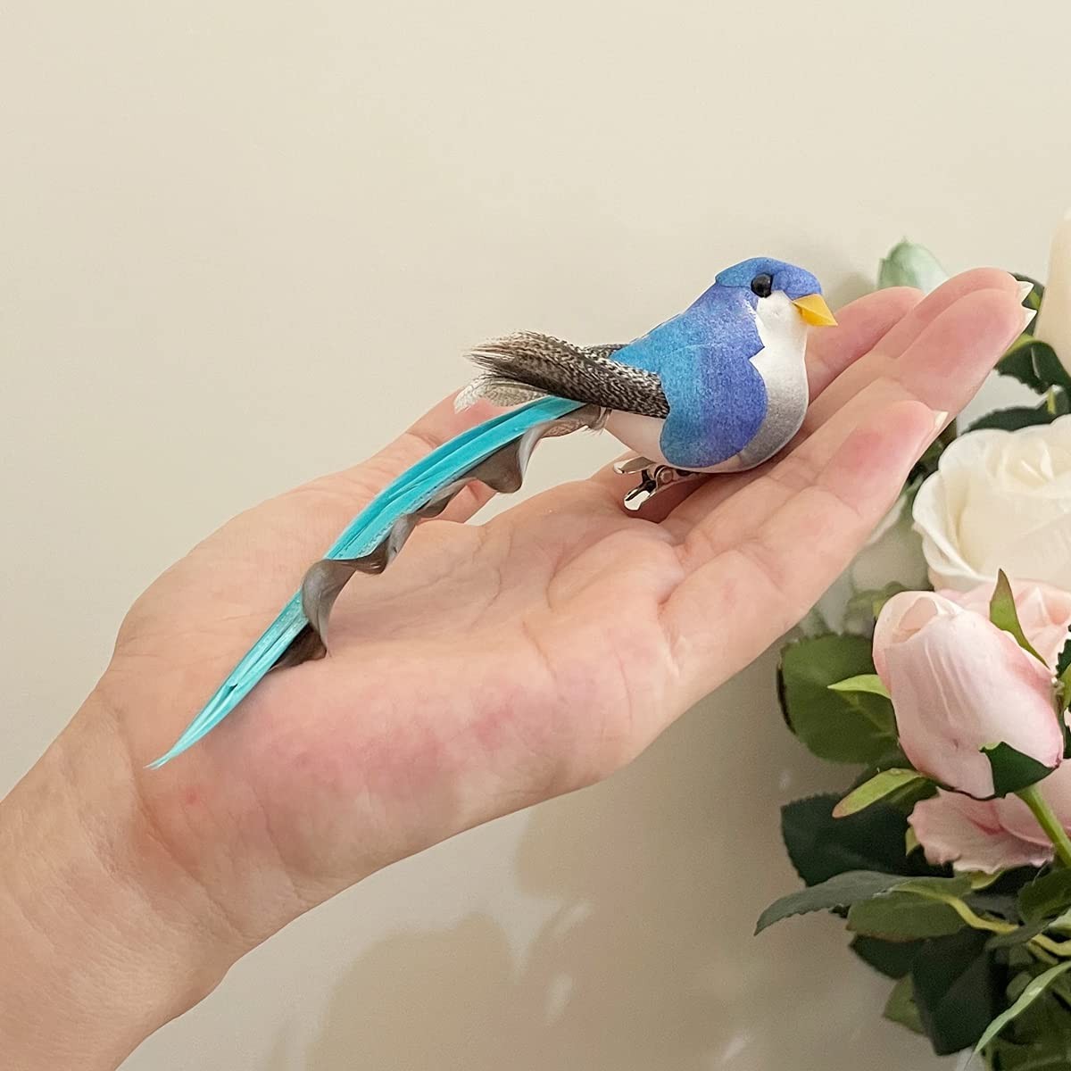 12pcs Clip-On Artificial Foam Birds – Long Tail Feather Decor for Crafts, Home,