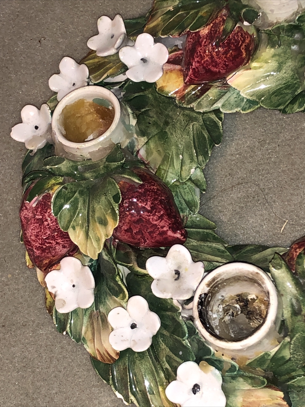 Ceramic Spring Strawberry Floral Wreath Candle Holder Signed Easter/320j